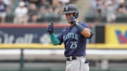 Seattle Mariners shortstop Dylan Moore (25) celebrates after hitting a double against the Chicago White Sox during the second inning at Guaranteed Rate Field on July 28.