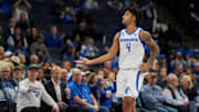 Memphis' PJ Haggerty (4) reacts after making a 3-pointer during the game between Tulsa University and the University of Memphis at FedExForum on Wednesday, February 5, 2025, in Memphis, Tenn.