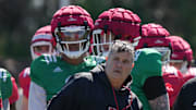Piscataway, NJ -- April 16, 2024 -- Offensive coordinator Kirk Ciarrocca during Rutgers football spring practice.