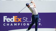 Nick Dunlap tees off on the first hole during the final round of the FedEx St. Jude Championship at TPC Southwind in Memphis, Tenn., on Sunday, August 18, 2024.