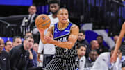 Dec 9, 2025; Orlando, Florida, USA; Orlando Magic guard Desmond Bane (3) looks to pass during the second quarter against the Miami Heat at Kia Center. Mandatory Credit: Mike Watters-Imagn Images