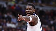 Nov 7, 2024; Chicago, Illinois, USA; Minnesota Timberwolves guard Anthony Edwards (5) reacts after scoring against the Chicago Bulls during the second half at United Center. Mandatory Credit: Kamil Krzaczynski-Imagn Images