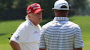 Bedminster, NJ August 9, 2023 -- President Donald Trump on the driving range as he played at Trump National in Bedminster before the weekend’s LIV Golf Tournament.