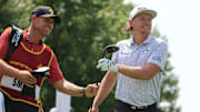 Bedminster, NJ August 12, 2023 -- Cam Smith teed off at the start of the second round of the 2023 LIV Golf Tournament held at Trump National in Bedminster, NJ but Trump impersonator Thomas Mundy came to entertain on August 12, 2023.