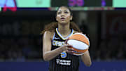 Chicago Sky forward Angel Reese shoots a free throw against the New York Liberty.