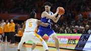 Jan 28, 2025; Knoxville, Tennessee, USA; Kentucky Wildcats guard Koby Brea (4) looks to move the ball against Tennessee Volunteers guard Zakai Zeigler (5) during the second half at Thompson-Boling Arena at Food City Center. Mandatory Credit: Randy Sartin-Imagn Images