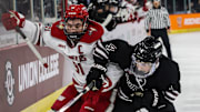 Union sophomore defenseman Will Felicio tries to shut down Sacred Heart captain Reid Pabich during the Friendship Four in Belfast, Northern Ireland on Nov. 28. 2025