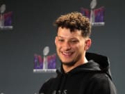 Feb 12, 2024; Las Vegas, NV, USA; Kansas City Chiefs quarterback Patrick Mahomes speaks at the Super Bowl LVIII Winning Head Coach and Most Valuable Player Press Conference at the Super Bowl 58 media center at the Mandalay Bay North Convention Center.