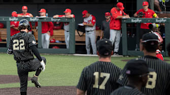Vanderbilt first baseman Julian Infante (22) stomps on home plate after hitting a solo homer in the fourth inning against Ohio State during the NCAA Division I Baseball Regionals at Hawkins Field Friday, May 31, 2019, in Nashville, Tenn. 

Nas Vanderbilt Ohio State 001