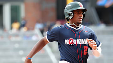 Athletics prospect Leo De Vries playing in the 2025 All-Star Futures Game.