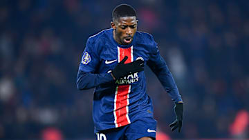 Ousmane Dembélé celebrating his first goal against St-Etienne in Ligue 1 McDonald's 
