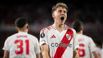 Facundo Colidio of River Plate celebrates after scoring a...