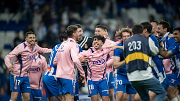 RCD Espanyol players celebrate a score during a La Liga EA...