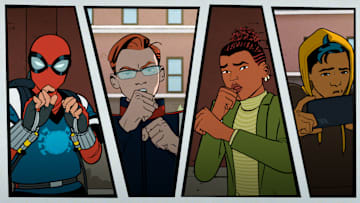 (Far Left) Peter Parker/Spider-Man (Hudson Thames) and (Second from Right) Harry Osborn (Zeno Robinson) in Marvel Animation's YOUR FRIENDLY NEIGHBORHOOD SPIDER-MAN, exclusively on Disney+. Photo courtesy of Marvel Animation. © 2024 MARVEL.