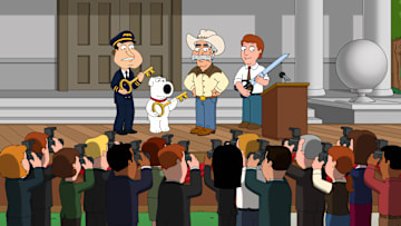 FAMILY GUY: Finding themselves on a press tour for landing a plane while the pilots deal with food poisoning in the bathroom, BRIAN and QUAGMIRE earn very different kinds of fame as new national heroes in the all-new “Dog Is My Co-Pilot” episode of FAMILY GUY airing Sunday, March 23 (9:30-10:00 PM ET/PT) on FOX. FAMILY GUY © 2025 by 20th Television