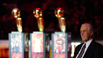 Jan 19, 2024; Miami, Florida, USA; Miami Heat president Pat Riley sits on the court for the jersey retirement ceremony for former player Udonis Haslem during halftime of the game between the Miami Heat and the Atlanta Hawks Kaseya Center. Mandatory Credit: Jasen Vinlove-Imagn Images