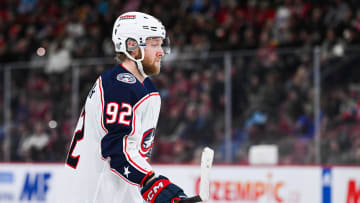 Mar 12, 2024; Montreal, Quebec, CAN; Columbus Blue Jackets left wing Alex Nylander (92) looks on against the Montreal Canadiens during the second period at Bell Centre. Mandatory Credit: David Kirouac-USA TODAY Sports