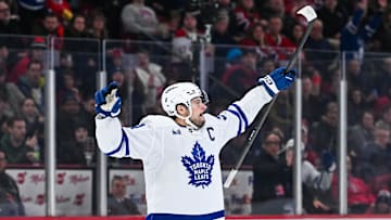 Jan 18, 2025; Montreal, Quebec, CAN; Toronto Maple Leafs center Auston Matthews (34) reacts after scoring a goal against the Montreal Canadiens during the third period at Bell Centre. Mandatory Credit: David Kirouac-Imagn Images