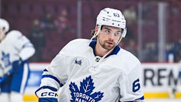 Sep 25, 2025; Montreal, Quebec, CAN; Toronto Maple Leafs forward Matias Maccelli (63) looks on during warm-up before the game against the Montreal Canadiens at Bell Centre. Mandatory Credit: David Kirouac-Imagn Images