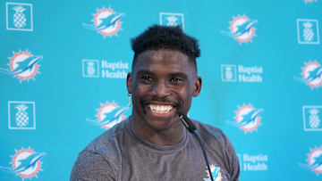 Nov 2, 2023; Frankfurt, Germany; Miami Dolphins wide receiver Tyreek Hill at press conference at the