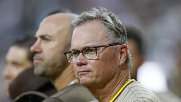 Sep 19, 2025; Chicago, Illinois, USA; San Diego Padres manager Mike Shildt (8) looks on from the sidelines before a baseball game between the Chicago White Sox and San Diego Padres at Rate Field. Mandatory Credit: Kamil Krzaczynski-Imagn Images