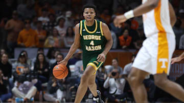 Dec 5, 2023; Knoxville, Tennessee, USA; George Mason Patriots guard Keyshawn Hall (4) brings the