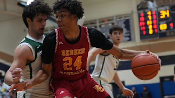 Hackensack, NJ -- February 10, 2024 -- Charlie Wingfield of Ramapo and Julius Avent of Bergen Catholic in the second half as Ramapo defeated Bergen Catholic 69-57 to win a quarterfinal game in the Bergen County Jamboree played in Hackensack.
