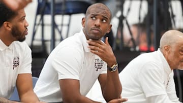 NBA player Chris Paul looks on as Team CP3 plays a game against Nightrydas at Nike EYBL at the Memphis Sports & Events Center on Saturday, May 17, 2025.