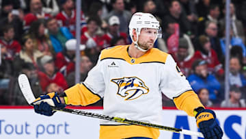 Oct 16, 2025; Montreal, Quebec, CAN; Nashville Predators center Steven Stamkos (91) looks on against the Montreal Canadiens during the second period at Bell Centre. Mandatory Credit: David Kirouac-Imagn Images