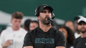 East Rutherford, NJ -- August 22, 2025 -- Eagles head coach Nick Sirianni on the sidelines in the first half. The Philadelphia Eagles came to MetLife Stadium to play the NY Jets in the final preseason season game.