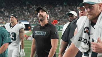 East Rutherford, NJ -- August 22, 2025 -- Eagles head coach Nick Sirianni walks off of the field at the end of the first half. The Philadelphia Eagles came to MetLife Stadium to play the NY Jets in the final preseason season game.