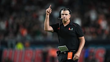 Oct 7, 2023; Miami Gardens, Florida, USA; Miami Hurricanes head coach Mario Cristobal gestures in