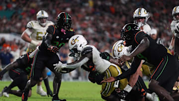 Oct 7, 2023; Miami Gardens, Florida, USA; Georgia Tech Yellow Jackets running back Jamal Haynes (11) runs the ball for a touchdown against the Miami Hurricanes in the second half at Hard Rock Stadium. Mandatory Credit: Jasen Vinlove-Imagn Images