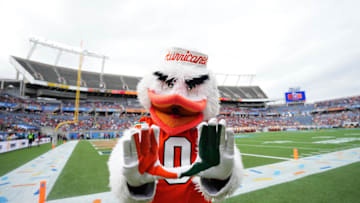Dec 28, 2024; Orlando, FL, USA; Miami Hurricanes mascot Sebastian the Ibis performs prior to the game between the Miami Hurricanes and the Iowa State Cyclones at Camping World Stadium. Mandatory Credit: Jasen Vinlove-Imagn Images
