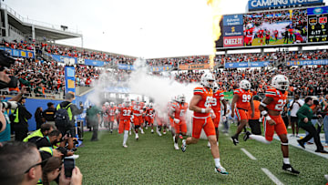Dec 28, 2024; Orlando, FL, USA; The Miami Hurricanes take the field prior to the game against the Iowa State Cyclones at Camping World Stadium. Mandatory Credit: Jasen Vinlove-Imagn Images
