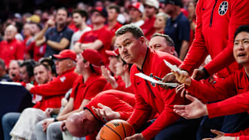 Feb 22, 2025; Tucson, Arizona, USA; Arizona Wildcats head coach Tommy Lloyd looks at the referee after BYU Cougars guard Trey Stewart (1) threw the ball at him by accident during the second half at McKale Center. Mandatory Credit: Aryanna Frank-Imagn Images