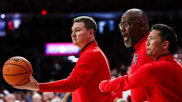 Feb 22, 2025; Tucson, Arizona, USA; Arizona Wildcats head coach Tommy Lloyd looks at the referee to hand him the ball during the second half at McKale Center. Mandatory Credit: Aryanna Frank-Imagn Images