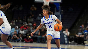 Memphis' Tanyuel Welch (11) dribbles up the court during the game between South Carolina and Memphis in the Hoops for St. Jude Tip Off Classic at FedExForum on Tuesday, October 15, 2024.