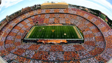 A checkered pattern colors Neyland Stadium during the Tennessee Volunteers vs. Georgia Bulldogs game