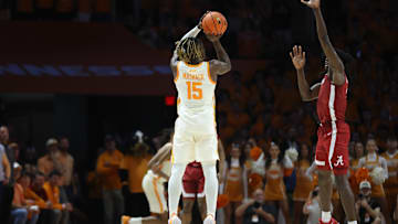 Mar 1, 2025; Knoxville, Tennessee, USA; Tennessee Volunteers guard Jahmai Mashack (15) shoots a game winning three pointer as time expires against the Alabama Crimson Tide at Thompson-Boling Arena at Food City Center. Mandatory Credit: Randy Sartin-Imagn Images