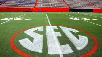 The SEC logo has a first coat of paint on the field at Ben Hill Griffin Stadium as the grounds crew prepares the field for the first game of the season, on the University of Florida campus in Gainesville FL. Sept. 1, 2022. The Gators start the season Saturday against the No. 7 ranked Utah Utes.

Flgai 090122 Ufpaintthefield 08