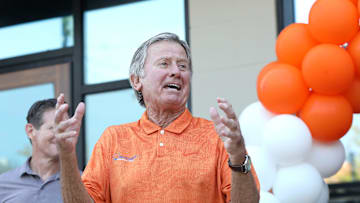 Legendary Florida Gators head ball coach Steve Spurrier gets animated as he makes comments before a ribbon cutting to officially opening his new restaurant Spurrier's Gridiron Grille in Celebration Pointe, in Gainesville, Fla., Aug. 10, 2021. [Brad McClenny/The Gainesville Sun]