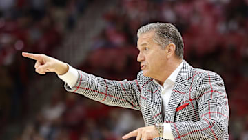 Nov 21, 2025; Fayetteville, Arkansas, USA; Arkansas Razorbacks head coach John Calipari gestures during the first half against the Jackson State Tigers at Bud Walton Arena. Mandatory Credit: Nelson Chenault-Imagn Images