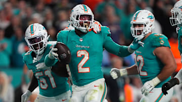 Dec 11, 2023; Miami Gardens, Florida, USA; Miami Dolphins linebacker Bradley Chubb (2) celebrates after recovering the fumble of Tennessee Titans running back Derrick Henry (not pictured) during the second half at Hard Rock Stadium. Mandatory Credit: Jasen Vinlove-Imagn Images