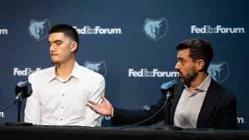 Zach Kleiman, Grizzlies president and general manager of basketball operations, speaks about the team’s draft picks as first-round pick Zach Edey looks on during a press conference to introduce the 2024 NBA Draft picks at FedExForum on Friday, June 28, 2024.