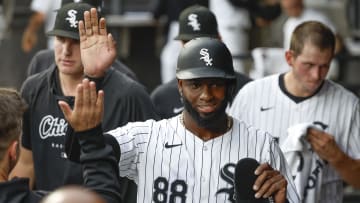 Jun 25, 2024; Chicago, Illinois, USA; Chicago White Sox outfielder Luis Robert Jr. (88) celebrates with teammates after scoring against the Los Angeles Dodgers during the first inning at Guaranteed Rate Field. Mandatory Credit: Kamil Krzaczynski-USA TODAY Sports