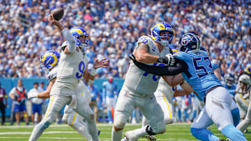 Los Angeles Rams quarterback Matthew Stafford (9) passes against the Tennessee Titans during the second quarter at Nissan Stadium in Nashville, Tenn., Sunday, Sept. 14, 2025.