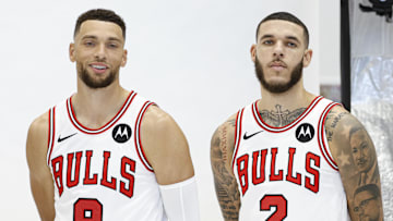 Sep 30, 2024; Chicago, Il, USA; Chicago Bulls guard Zach LaVine (8) and guard Lonzo Ball (2) pose during Chicago Bulls Media Day. Mandatory Credit: Kamil Krzaczynski-Imagn Images