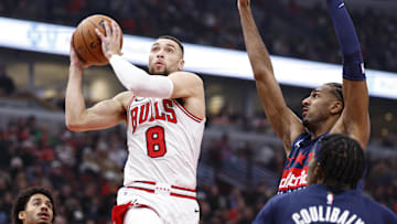 Jan 10, 2025; Chicago, Illinois, USA; Chicago Bulls guard Zach LaVine (8) drives to the basket