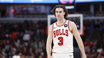 Nov 4, 2025; Chicago, Illinois, USA; Chicago Bulls guard Josh Giddey (3) reacts during the second half at United Center. Mandatory Credit: Kamil Krzaczynski-Imagn Images